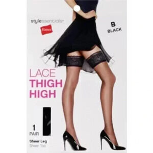 Style Essentials by Hanes Lace Thigh High Sheer Leg, Black, B